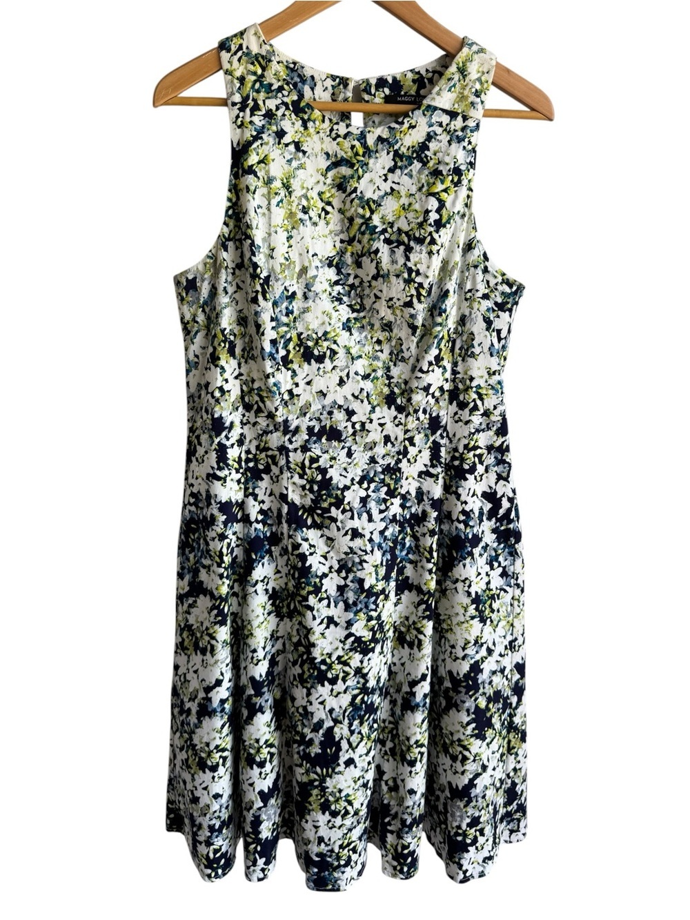 Maggy London Floral A-Line Sundress Sz 14 Navy White Sleeveless Dress Romantic